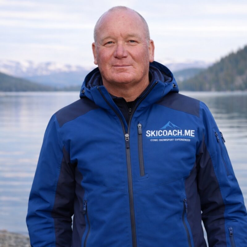 A PSIA-certified SkiCoach.Me coach in a branded jacket
