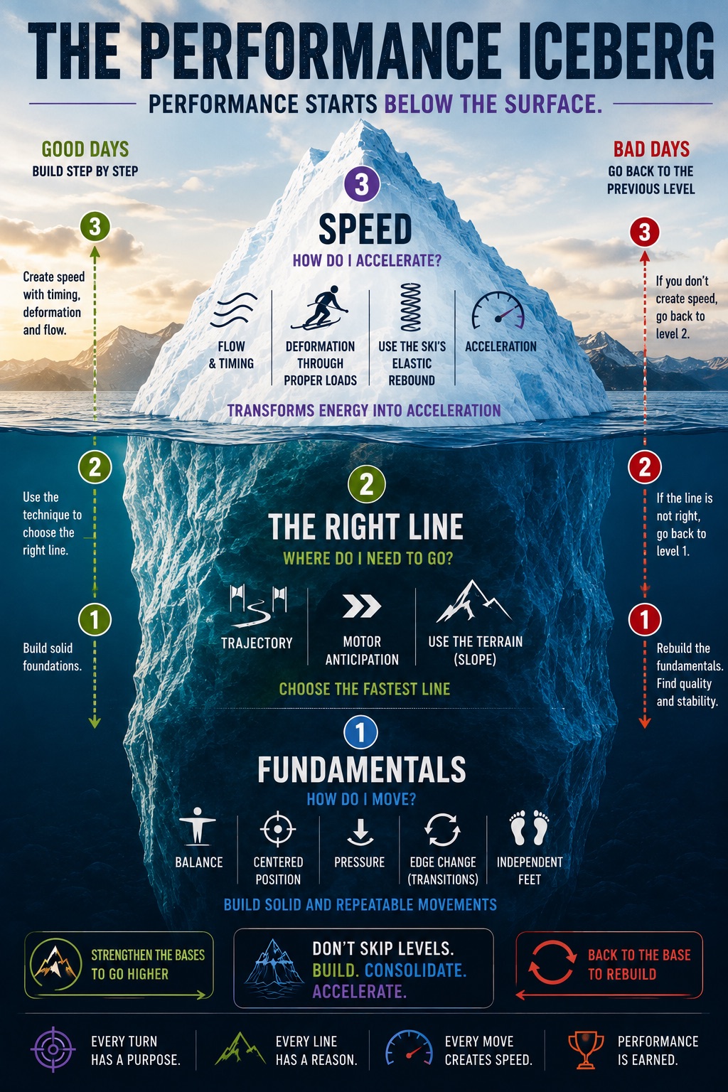 The Performance Iceberg: speed sits above the waterline; the right line and the fundamentals sit below it, with good days building upward and bad days dropping back a level