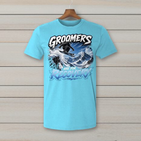 SkiCoach.Me Groomers Are for Recovery t-shirt in Sky