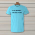 SkiCoach.Me Lessons End. Coaching Doesn't. t-shirt in Sky