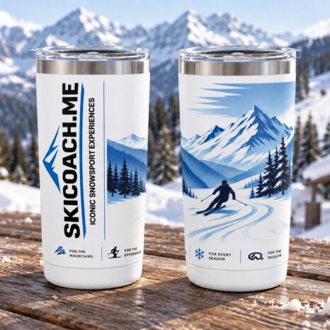 SkiCoach.Me 20oz insulated tumbler, both print designs, on a slopeside table