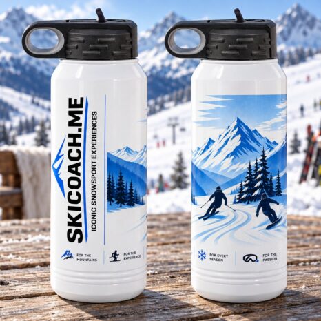 SkiCoach.Me 30oz insulated tumbler, front and back, at the base area