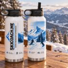 SkiCoach.Me 40oz insulated tumbler, front and back, on a slopeside table